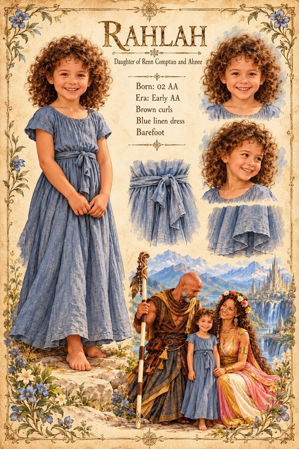 Character reference plate showing Rahlah, daughter of Renn Comptun and Ahnee, as a curly-haired child in a blue linen dress, with portrait studies, dress details, and a family scene with her parents before a waterfall city.