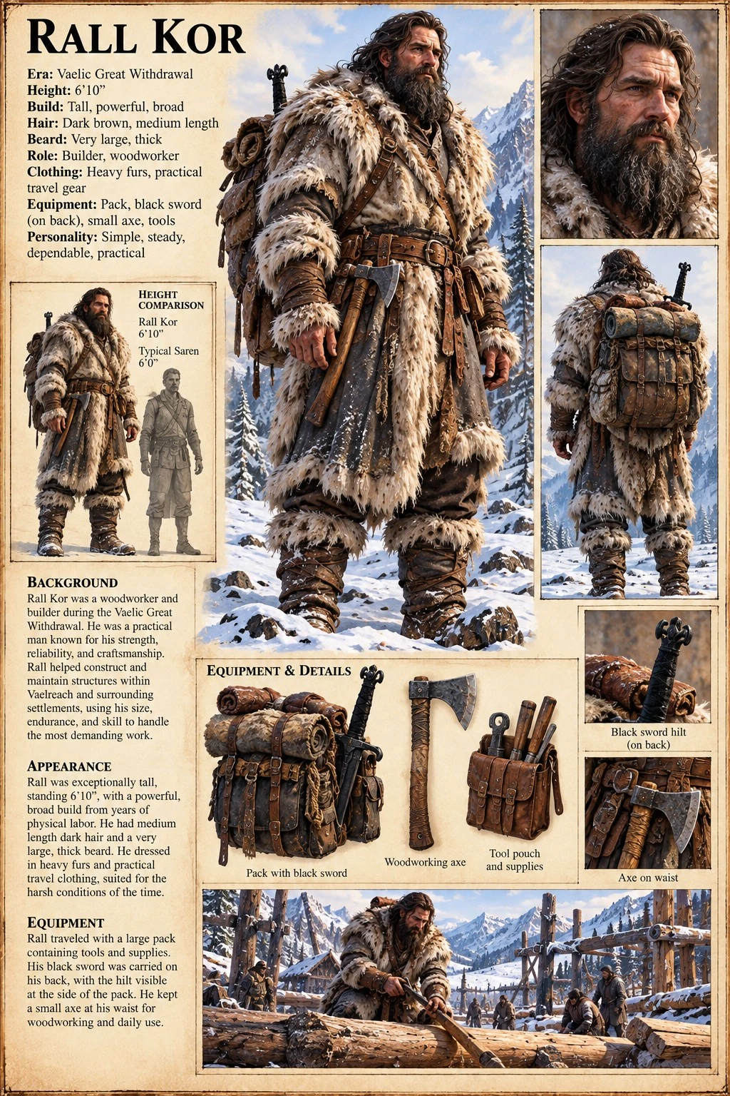 Character reference plate showing Rall Kor in fur-lined travel clothing, with his pack and equipment.