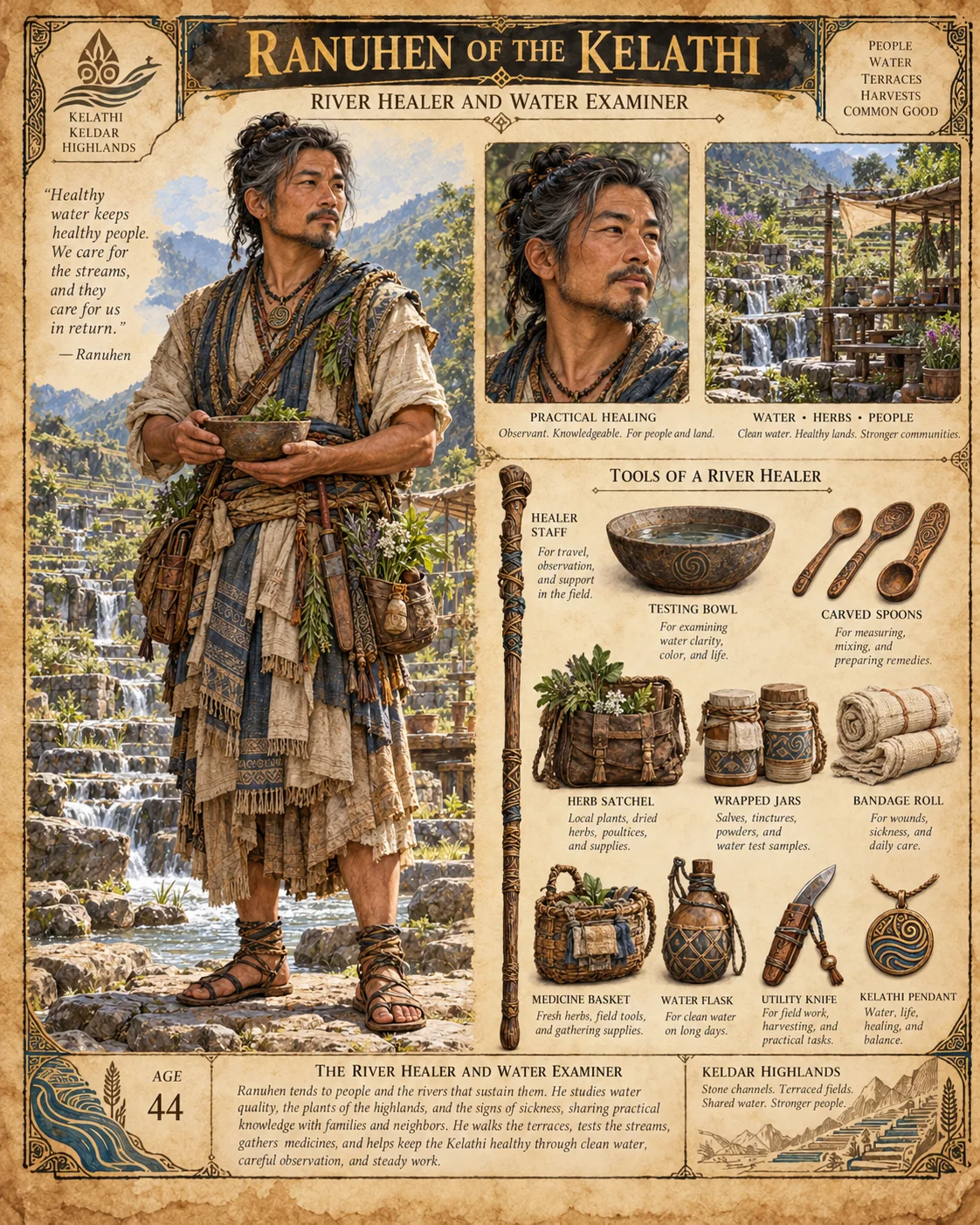 Character reference sheet showing Ranuhen of the Kelathi, River Healer and Water Examiner, with a portrait, layered clothing, terraced river landscapes, a healer staff, testing bowl, herbs, medicine supplies, and a water flask.
