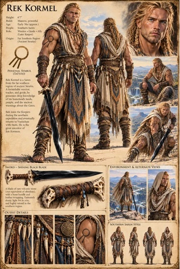 Character reference plate showing Rek Kormel, his travel clothing, blade, and equipment.