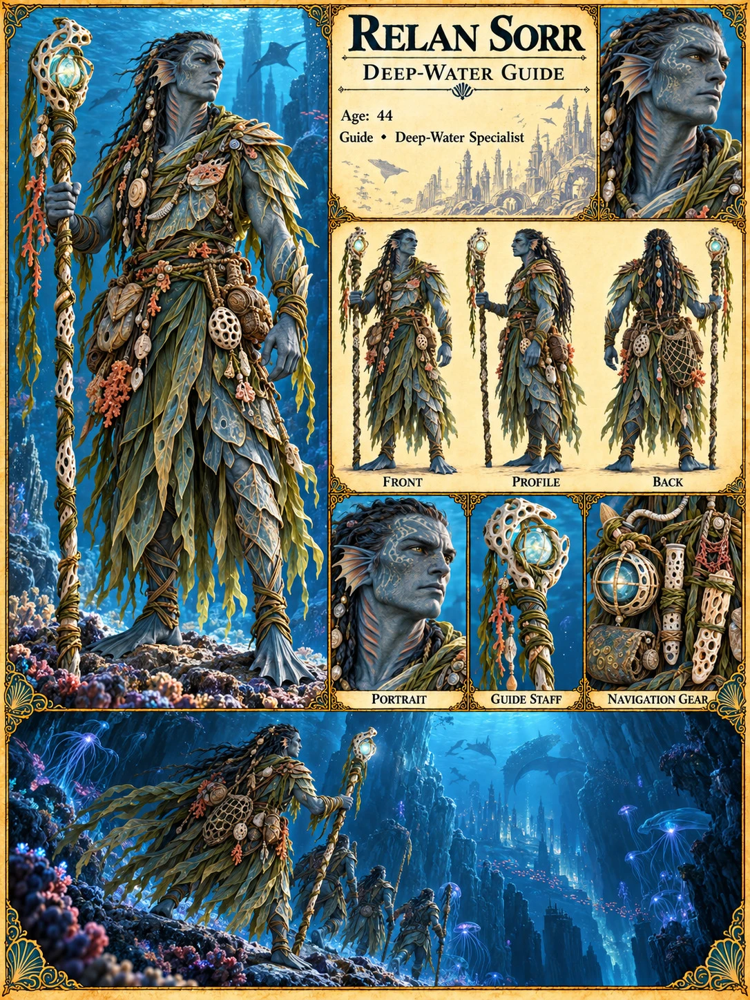 Nerathi character reference sheet showing Relan Sorr, deep-water guide, with portrait studies, front, profile and back views, a guide staff and navigation gear, and an underwater scene.