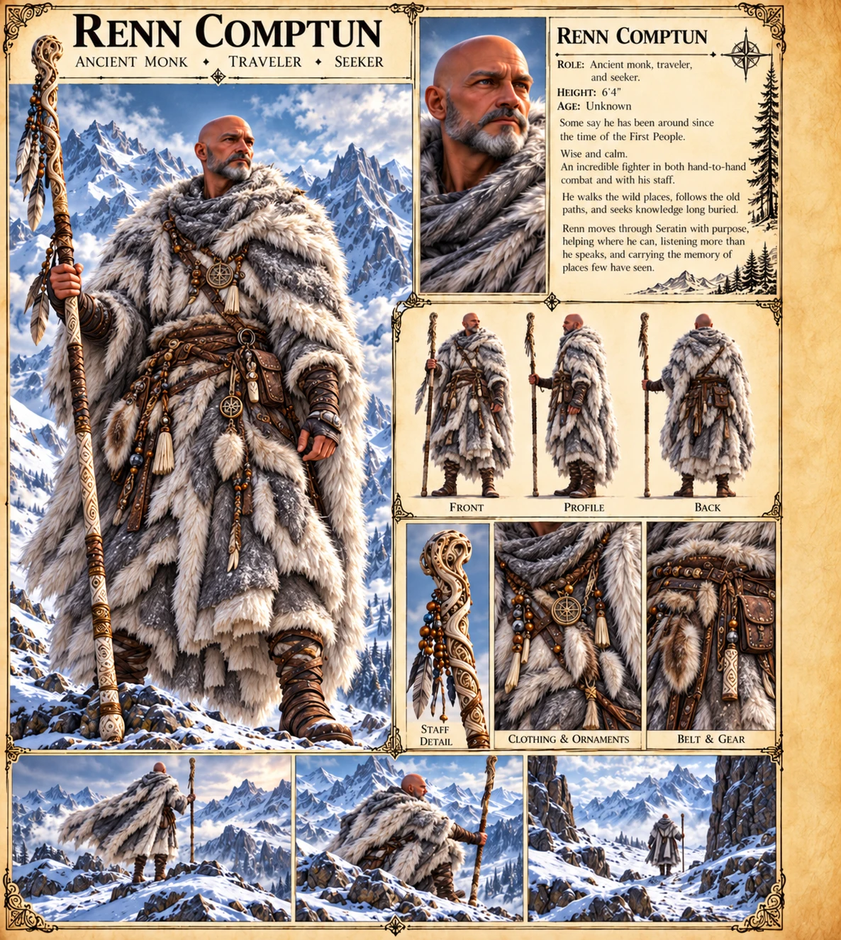 Renn Comptun in thick winter furs holding a carved staff in snowy mountains, with a portrait, front, profile, and back views, and details of his staff, ornaments, belt, and travel gear.