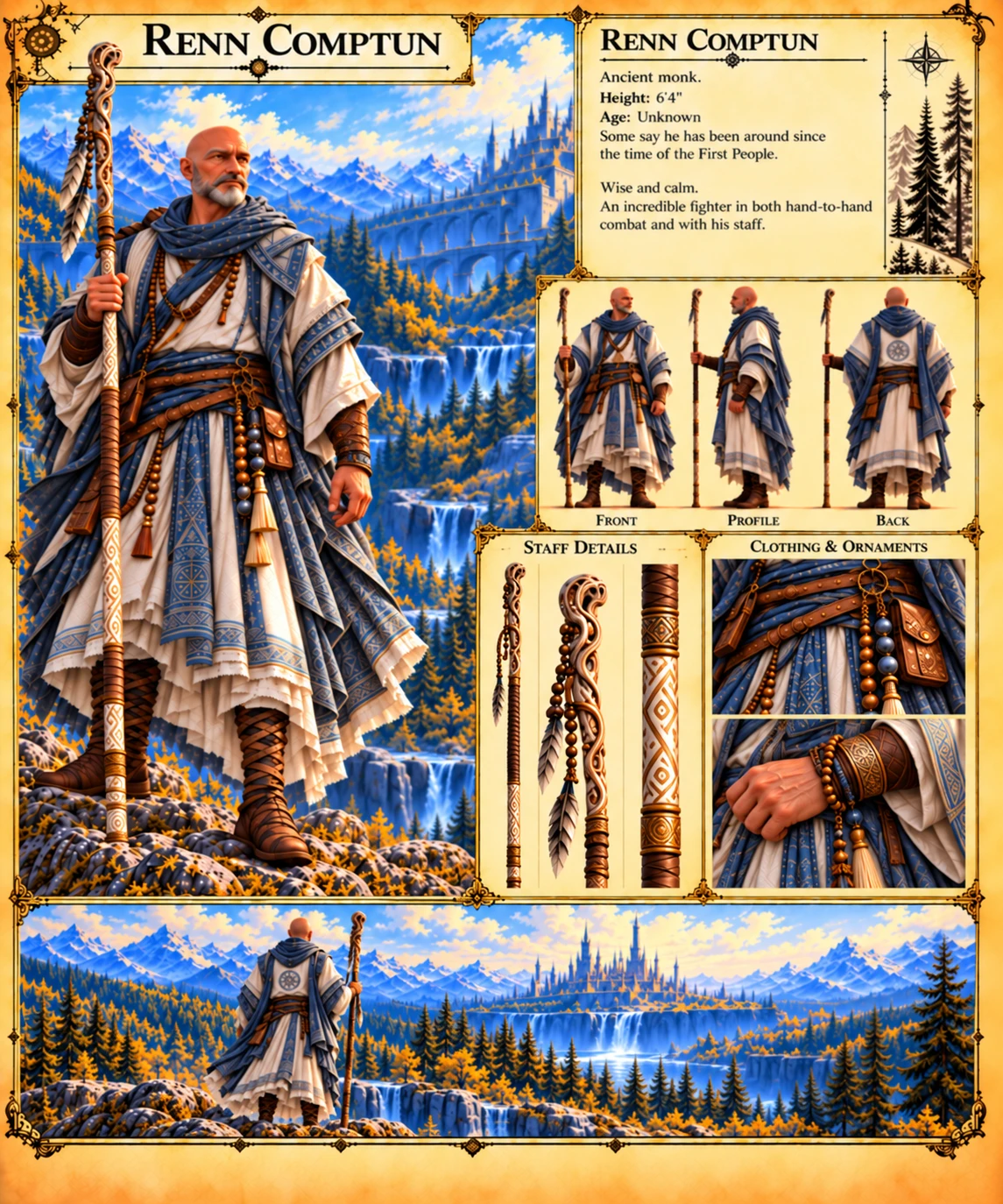 Renn Comptun holding a carved staff beside a mountain citadel, with front, profile, and back views and details of his staff, layered robes, and ornaments.