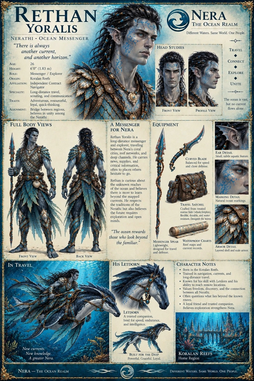 Character reference plate showing Rethan Yoralis of Nera, with portraits, ocean equipment, and a mounted sea creature.