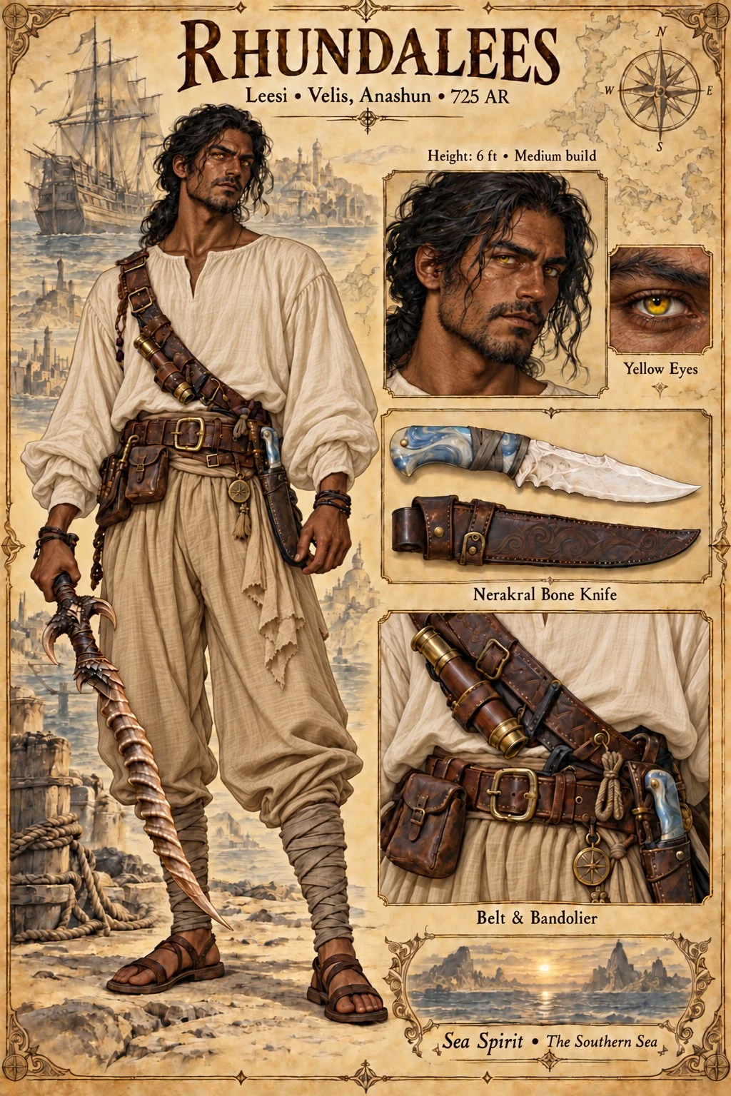 Character reference plate showing Rhundalees (Leesi) with yellow-eyed portrait studies, cream clothing, a bone knife, and a belt and bandolier.