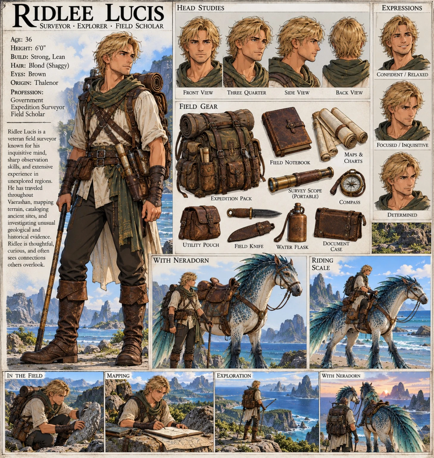 Character reference sheet showing expedition surveyor Ridlee Lucis with portraits, field gear, maps, and a feathered mount.