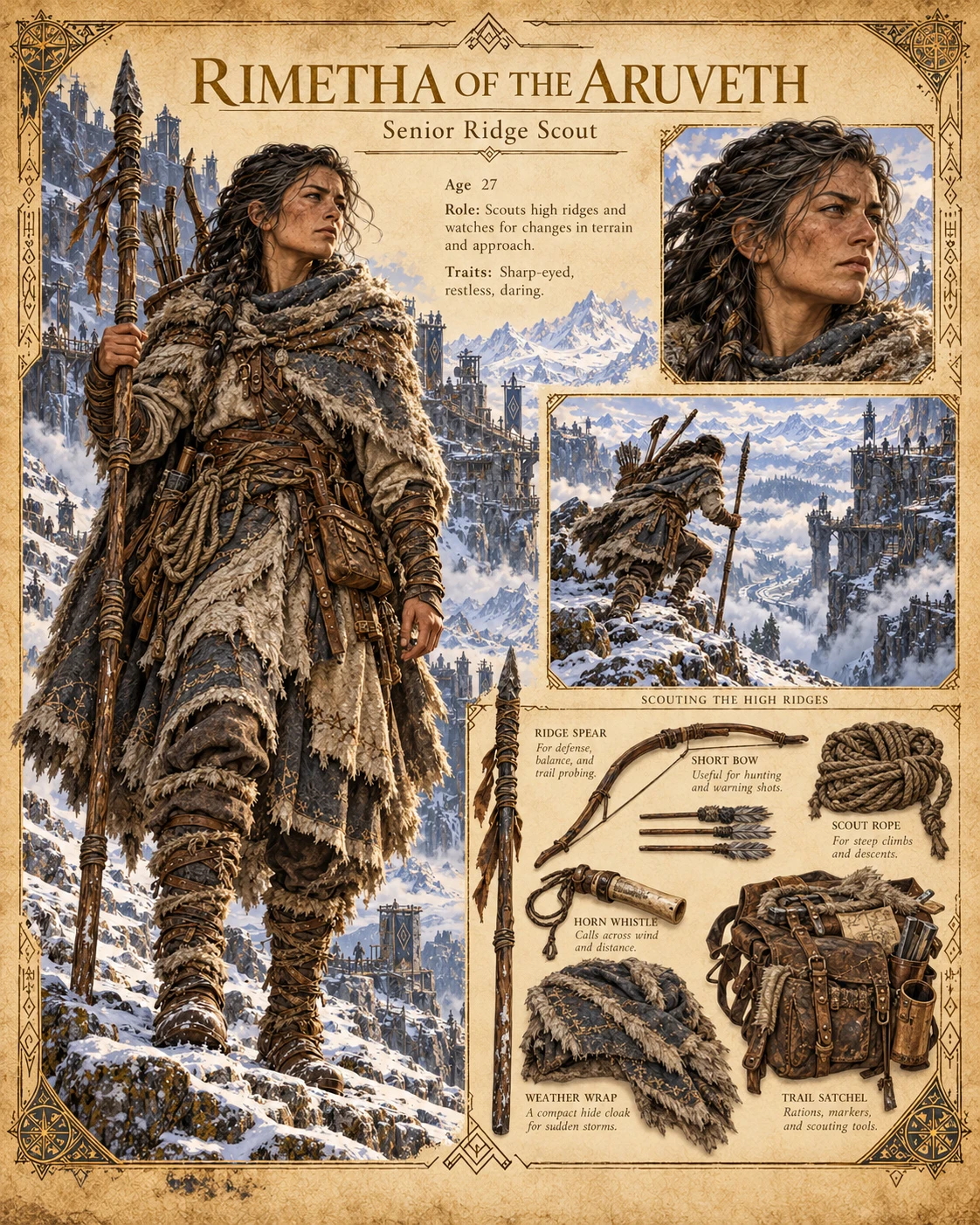 Character reference sheet showing Rimetha of the Aruveth, Senior Ridge Scout, with a portrait, fur-lined mountain clothing, a snowy ridge scene, a bow, rope, and scouting equipment.