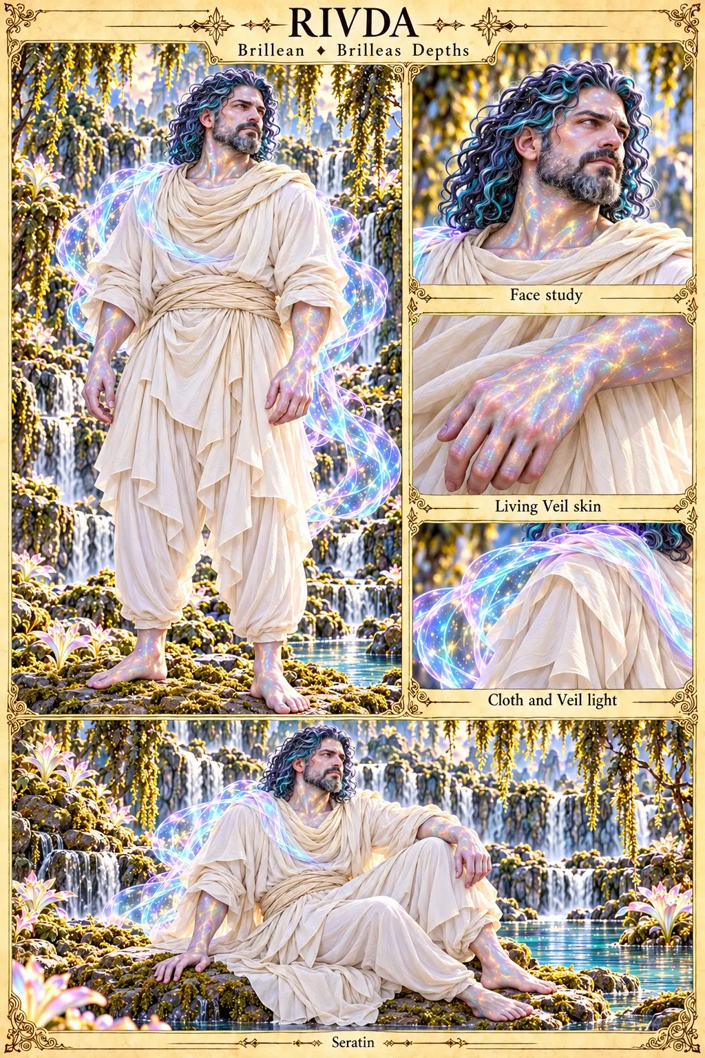 Brillean character sheet from the Brilleas Depths showing Rivda, a bearded Brillean with curly violet and teal hair in layered cream wraps, standing and seated beside waterfalls and glowing lilies amid ribbons of Veil light, with face, Living Veil skin, and cloth and Veil light studies.