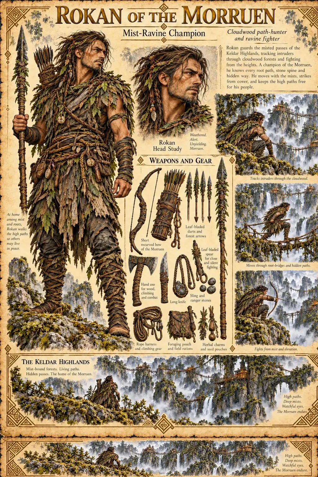 Keldar Highlands character sheet showing Rokan of the Morruen, the Mist-Ravine Champion and cloudwood path-hunter, in a cloak of leaves and bark holding a leaf-bladed spear, with a head study, his bow, arrows, darts, hand axe, long knife, sling and herbal charms, and scenes of him tracking intruders through the misted cloudwood and across root-bridges.