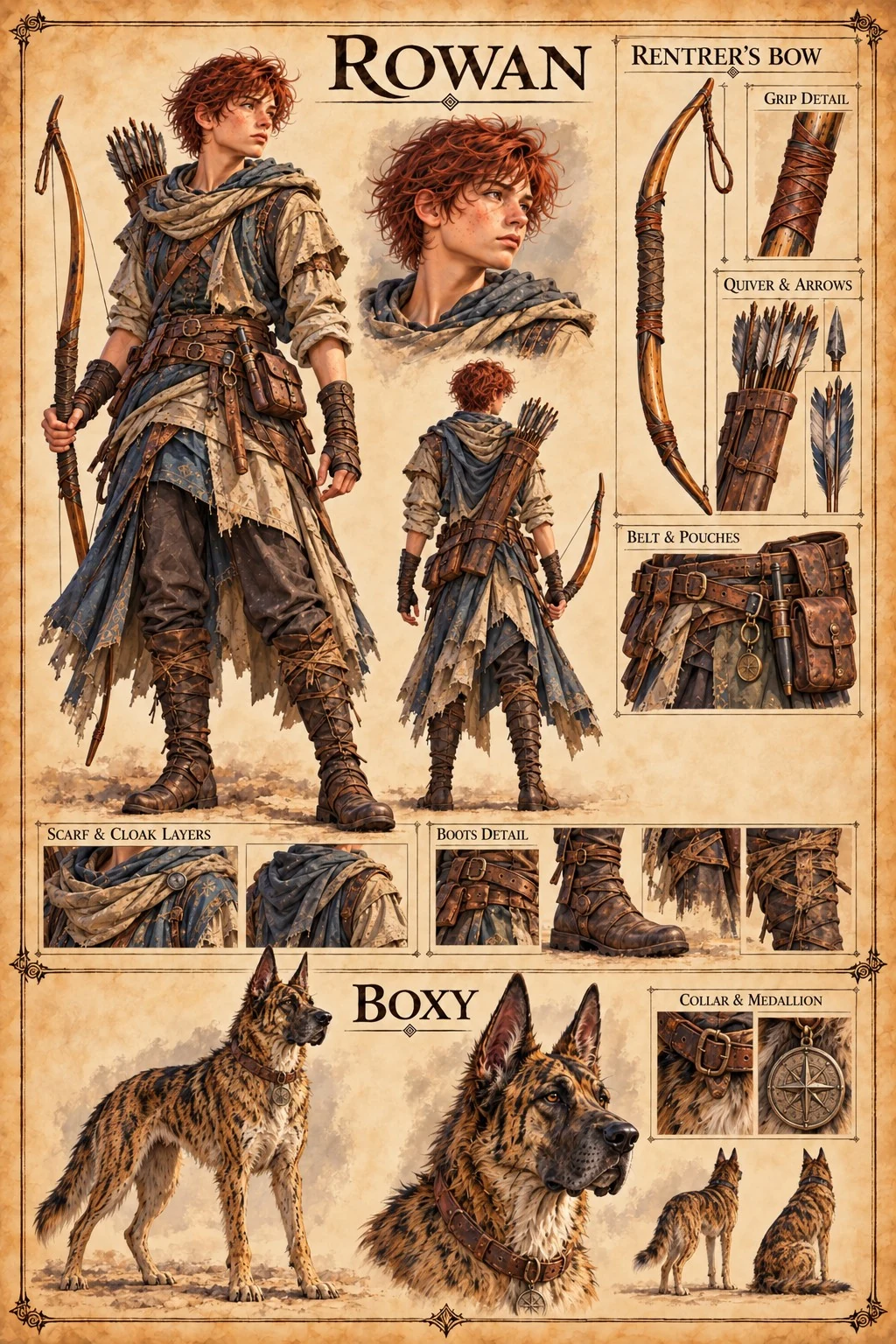 Character reference showing Rowan with a bow, arrows, layered travel clothing, and equipment details, alongside Boxy with collar and medallion studies.