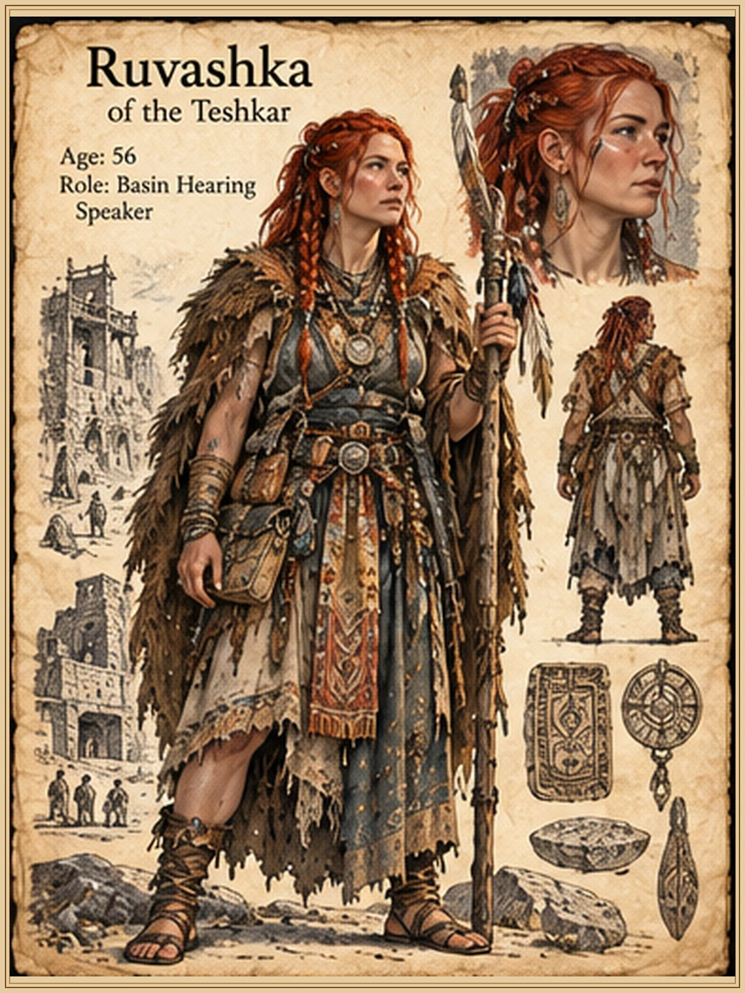 Character reference sheet showing Ruvashka of the Teshkar with red hair, portrait studies, clothing, personal tools and equipment, and architectural details.