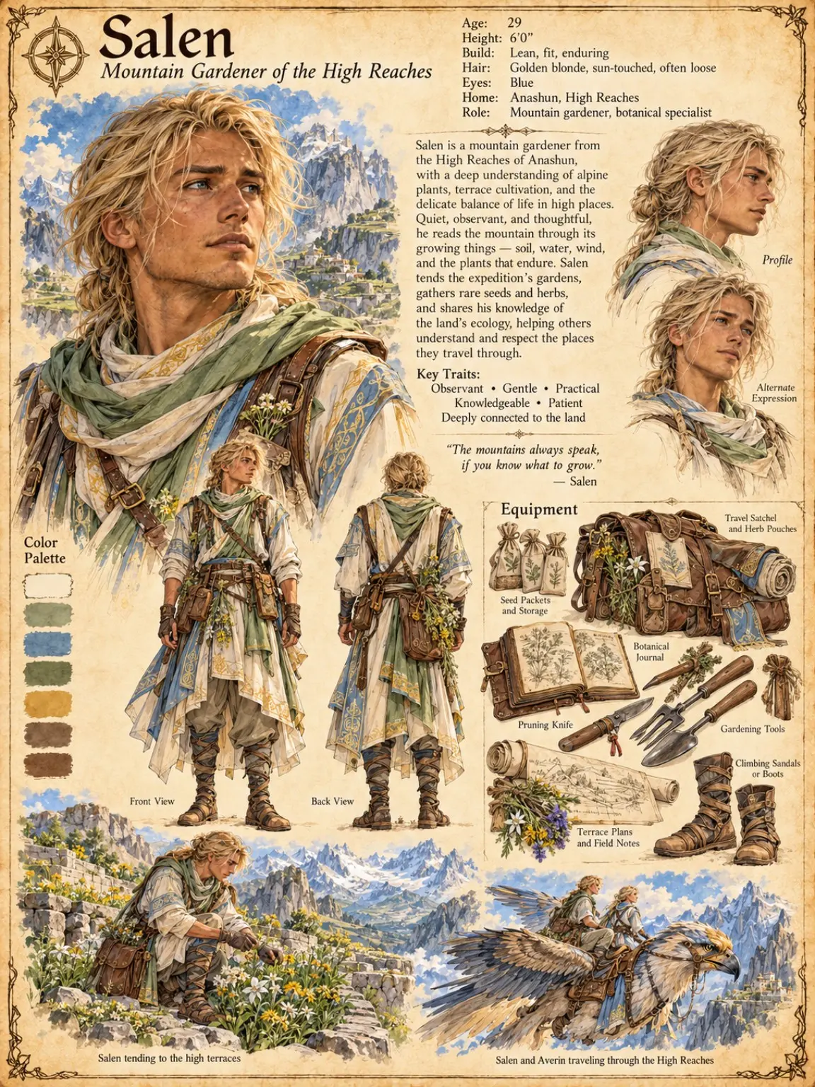 High Reaches character sheet of Salen, a 29-year-old mountain gardener of Anashun with loose sun-touched golden hair, in cream, green and blue layers with herb pouches, shown in portrait, profile, front and back views, with seed packets, a botanical journal, gardening tools and climbing boots, tending the high terraces and flying through the High Reaches with Averin.
