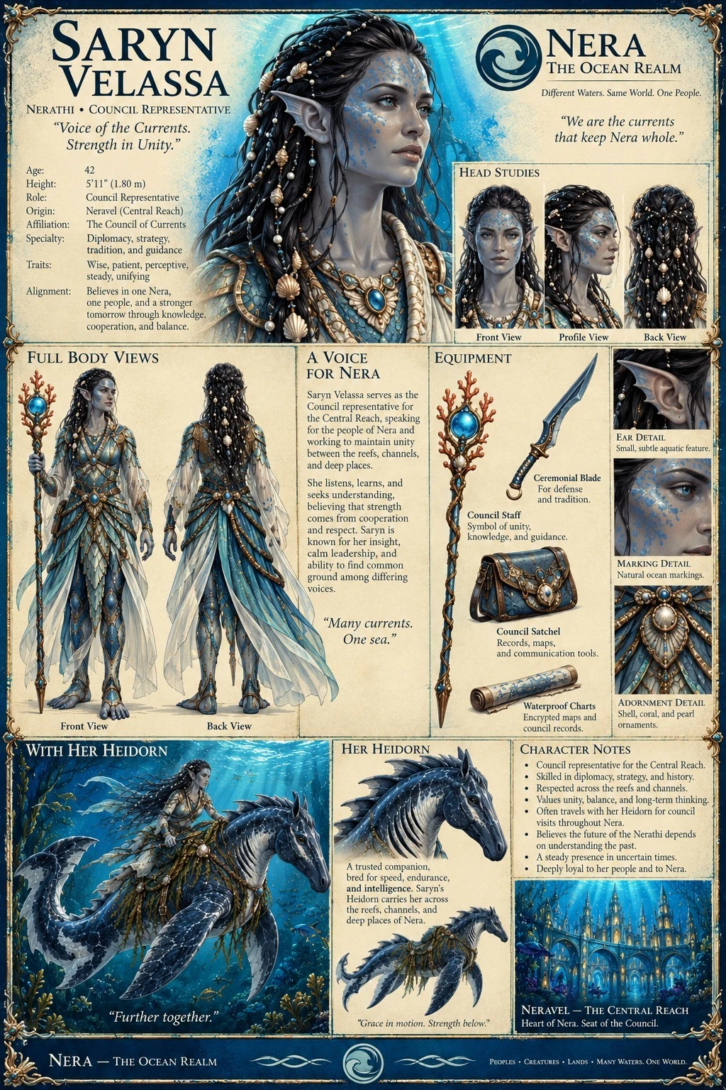 Character reference plate showing Saryn Velassa of Nera, with portraits, clothing, equipment, and a sea mount.