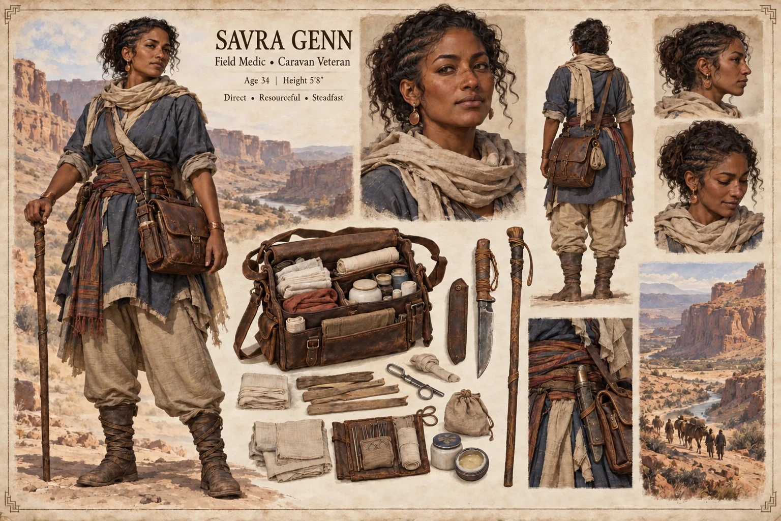 Character reference plate showing Savra Genn with portrait studies, travel clothing, a pack, tools, and supplies.