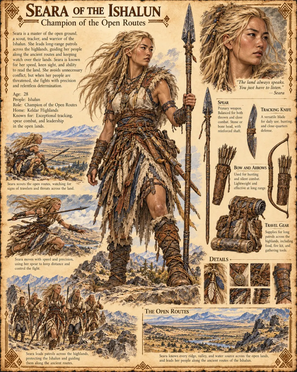 Keldar Highlands character sheet showing Seara of the Ishalun, the blonde-braided Champion of the Open Routes, a scout and tracker in feathered furs holding a tall stone-headed spear, with a head study, her spear, tracking knife, bow and arrows and travel gear, and scenes of her scouting and leading patrols along the ancient routes of the open highlands.