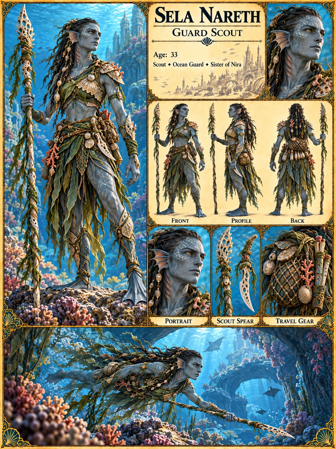Nerathi character reference sheet showing Sela Nareth, guard scout, with portrait studies, front, profile and back views, a scout spear and travel gear, and an underwater scene.