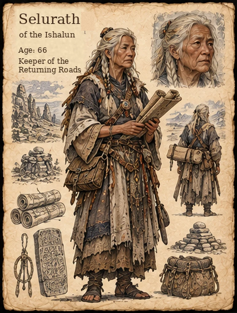 Character reference sheet showing Selurath of the Ishalun with gray-blond hair, layered robes, scrolls, a travel pack, and standing stones.