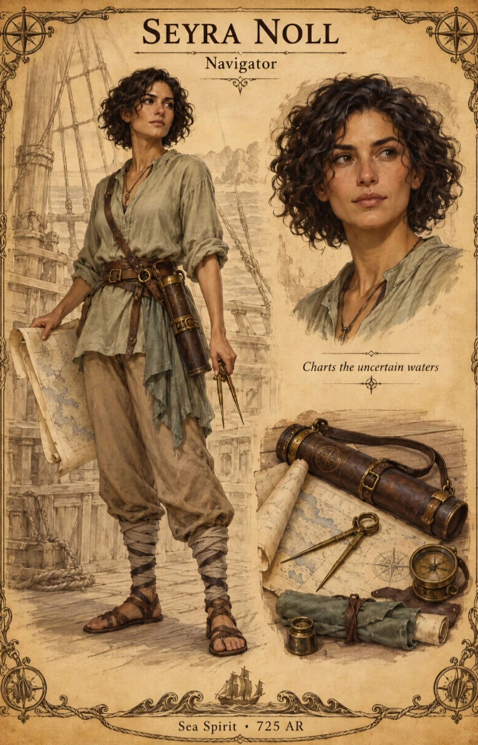 Sea Spirit crew reference plate showing navigator Seyra Noll with a portrait, telescope, charts, and navigation instruments.