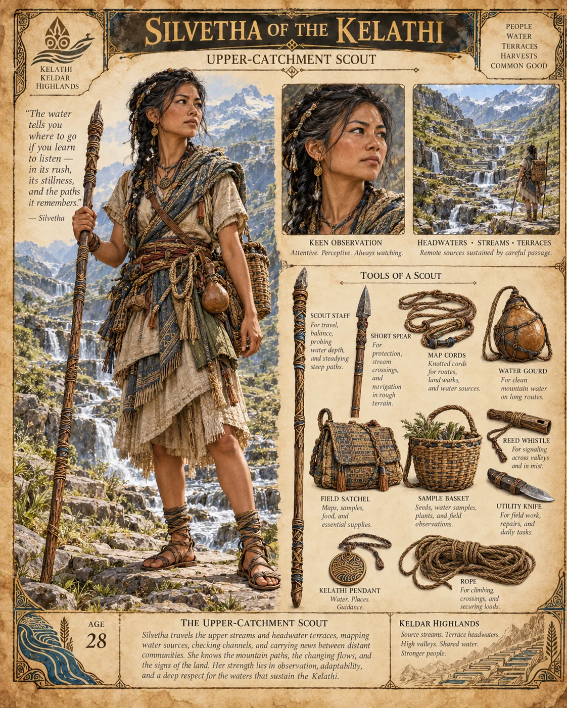 Character reference sheet showing Silvetha of the Kelathi, Upper-Catchment Scout, with a portrait, layered clothing, terraced river landscapes, a scout staff, short spear, map cords, water gourd, and scouting supplies.