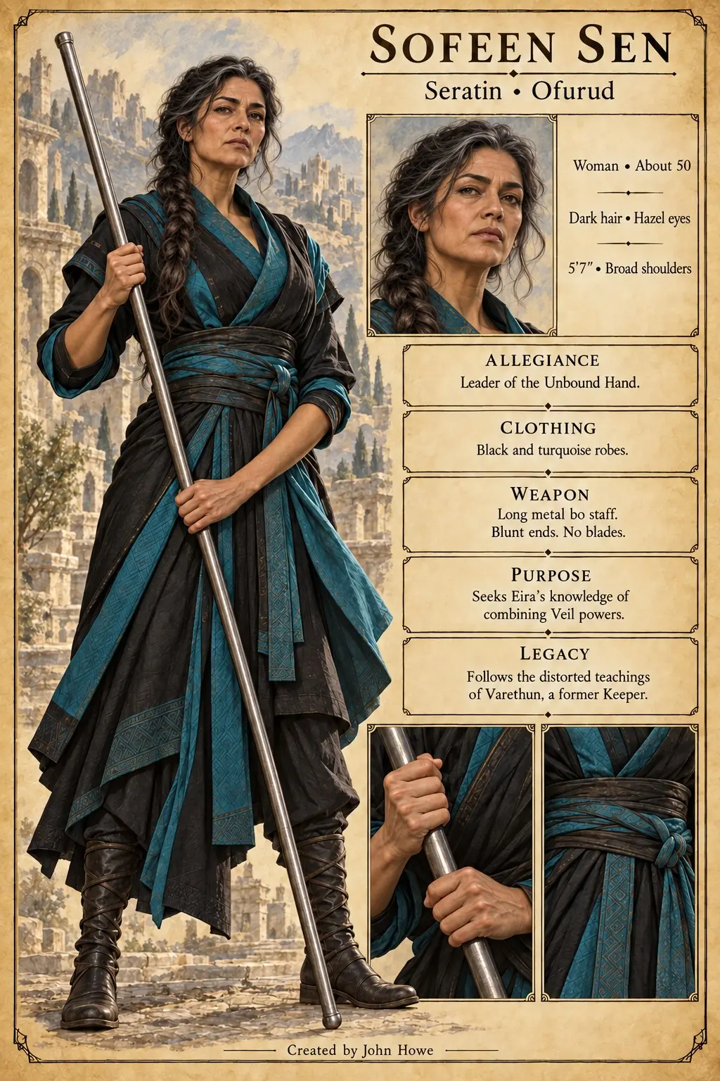 Character reference plate showing Sofeen Sen in black and teal robes, with a portrait, staff, and clothing details.