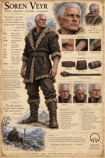 Character reference plate showing Soren Veyr, portrait studies, clothing, and travel equipment.