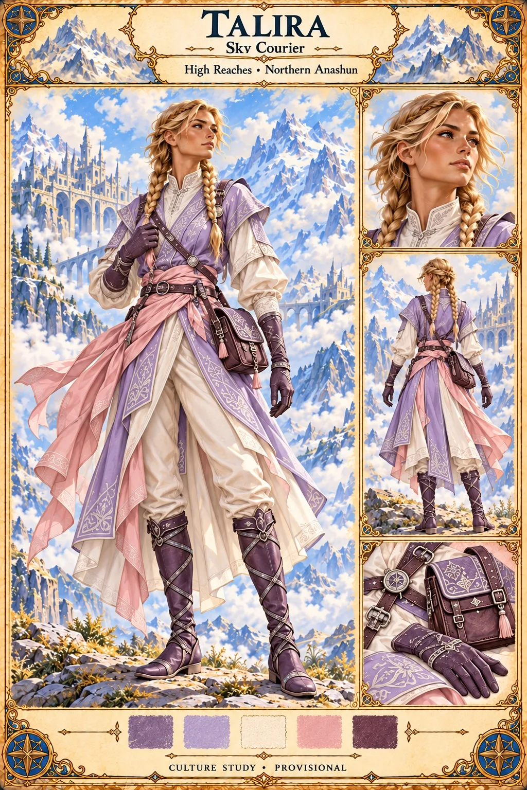 High Reaches culture study of Talira, a sky courier of northern Anashun with long blonde braids, in a lilac embroidered tabard over a cream shirt and trousers with a flowing pink sash, plum gloves, a leather satchel and tall laced boots, shown in full figure, portrait and rear view, with satchel, buckle and glove details, a colour palette, and a white mountain city above the clouds.