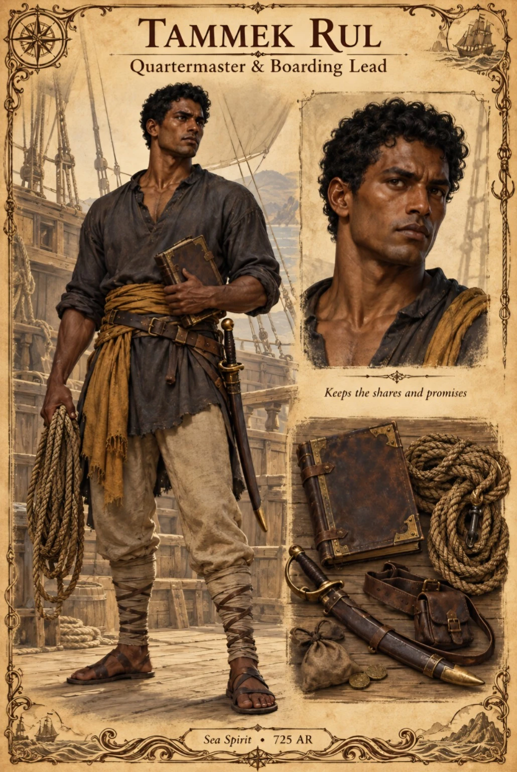 Sea Spirit crew reference plate showing quartermaster Tammek Rul with a portrait, ledger, keys, rope, and equipment.