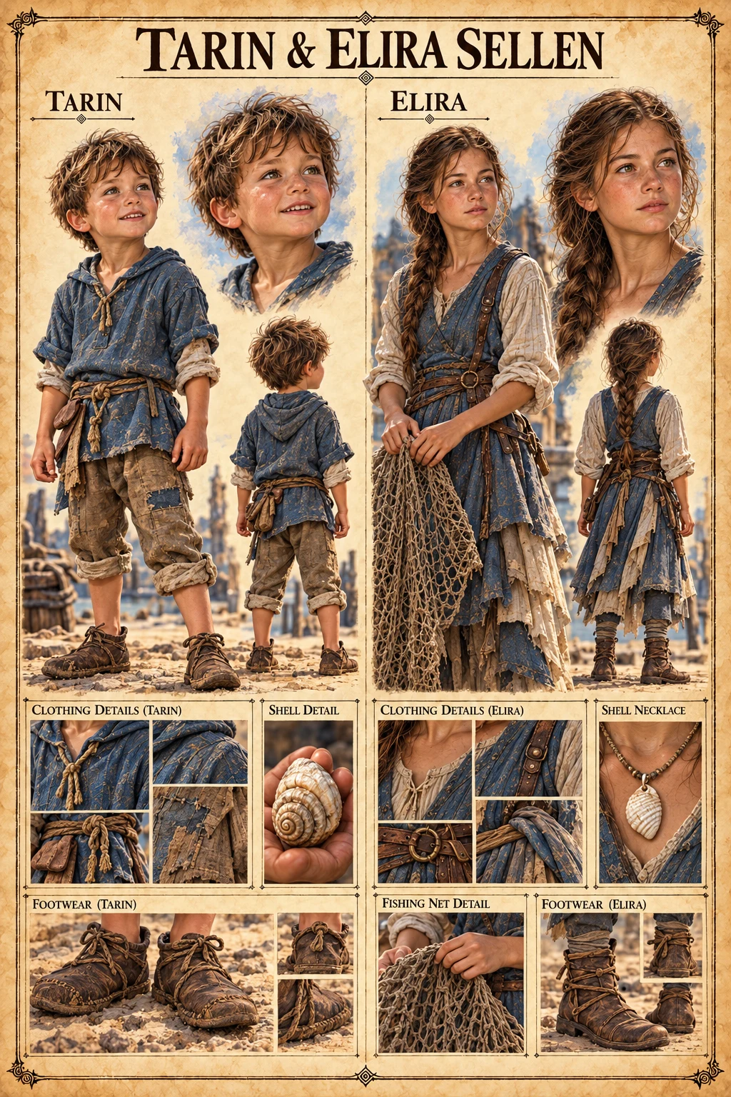 Coastal character reference sheet showing Tarin and Elira Sellen with front, back, and portrait views, clothing, shell, necklace, fishing net, and footwear details.