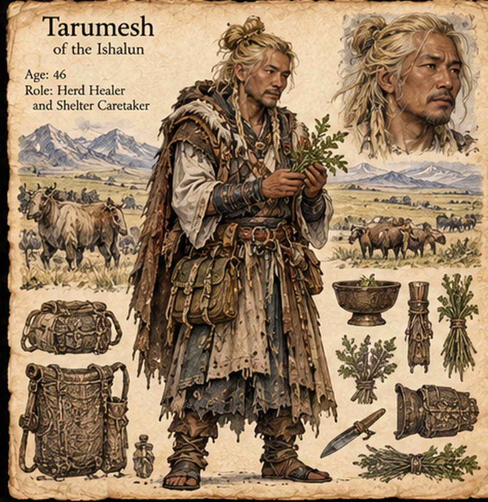 Character reference sheet showing Tarumesh of the Ishalun with blond hair, medicinal plants, bowls, a travel pack, and a mountain herd.