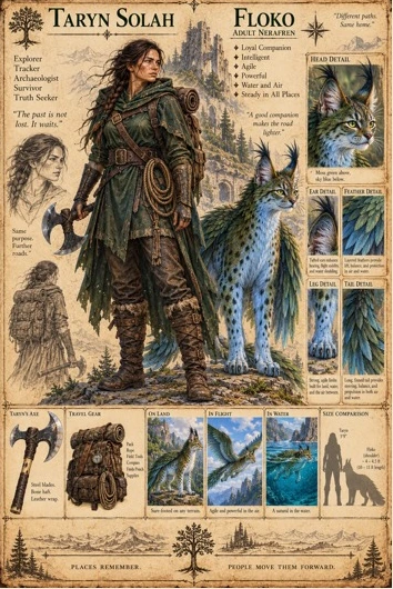 Character reference plate showing Taryn Solah and the feathered companion Floko.