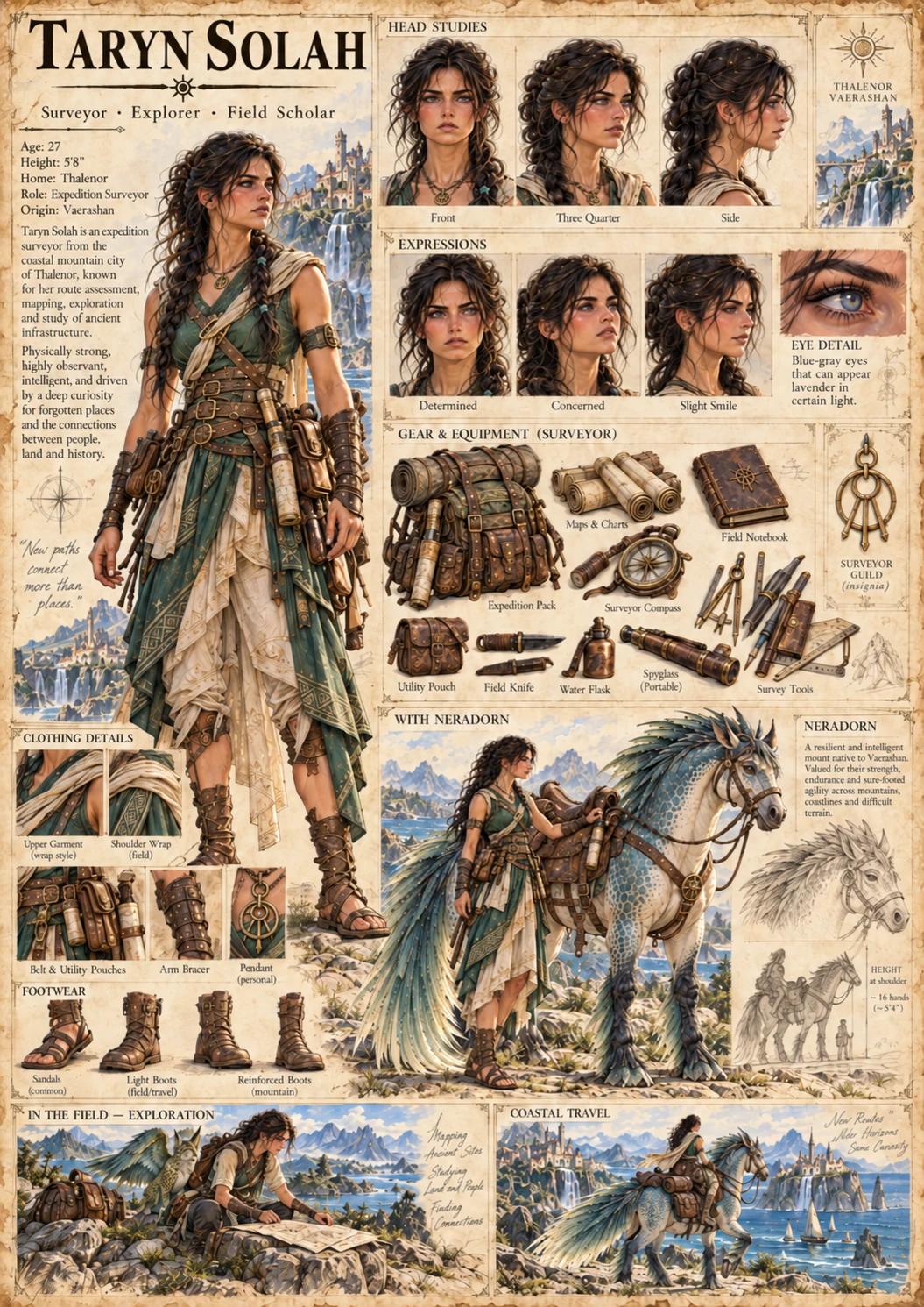 Character reference sheet showing expedition surveyor Taryn Solah with portrait studies, field equipment, travel clothing, and a feathered mount.