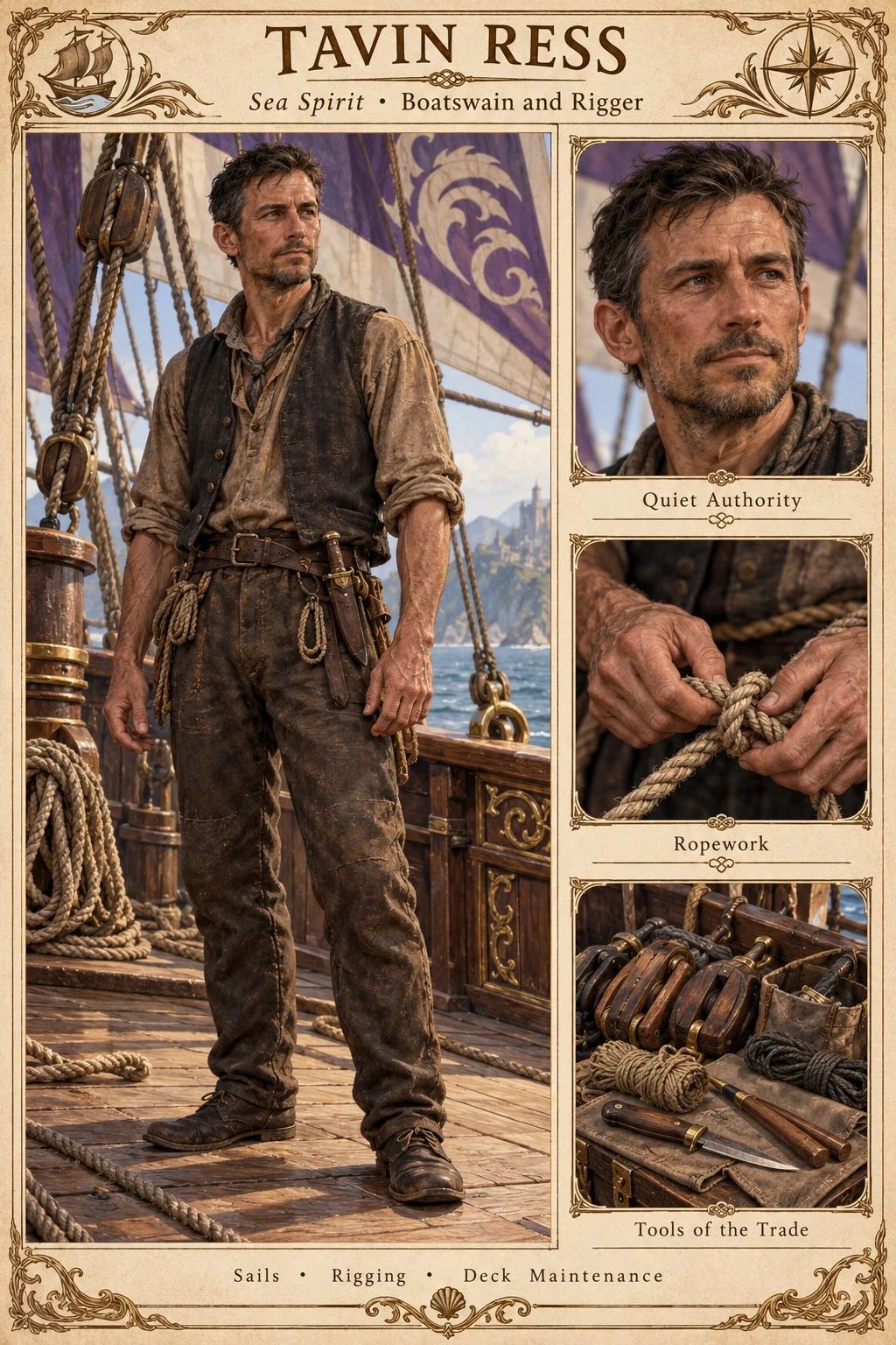 Sea Spirit crew reference plate showing boatswain and rigger Tavin Ress with a portrait, ropework, and deck maintenance tools.