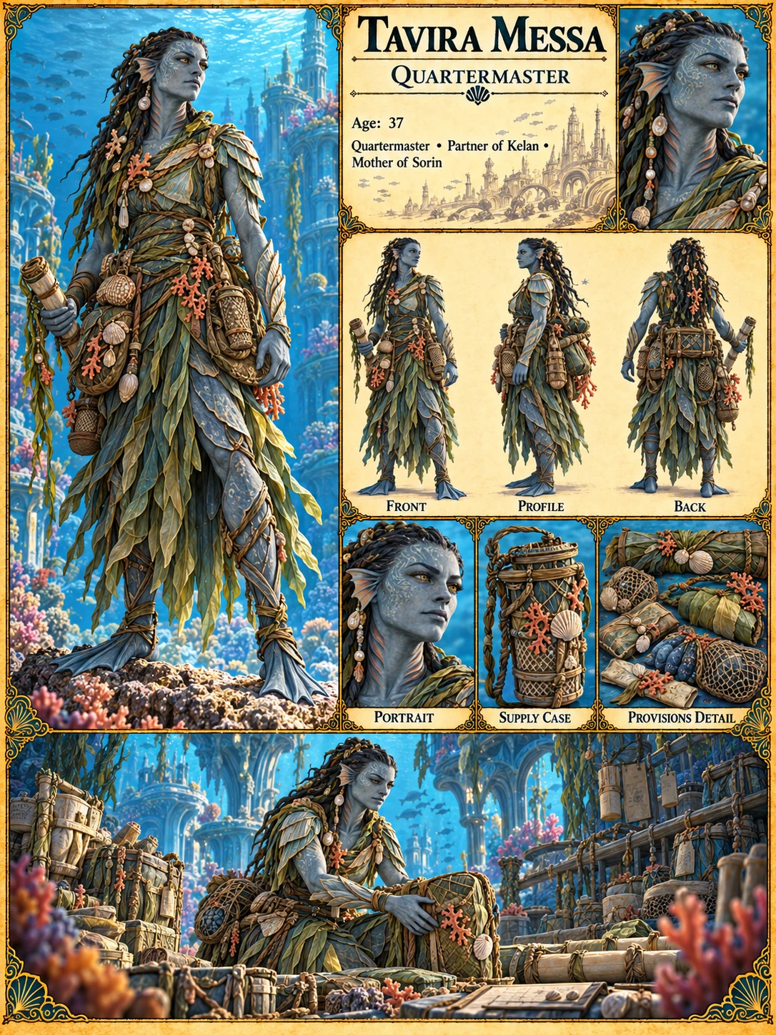 Nerathi character reference sheet showing Tavira Messa, quartermaster, with portrait studies, front, profile and back views, a supply case and provisions, and an underwater scene.