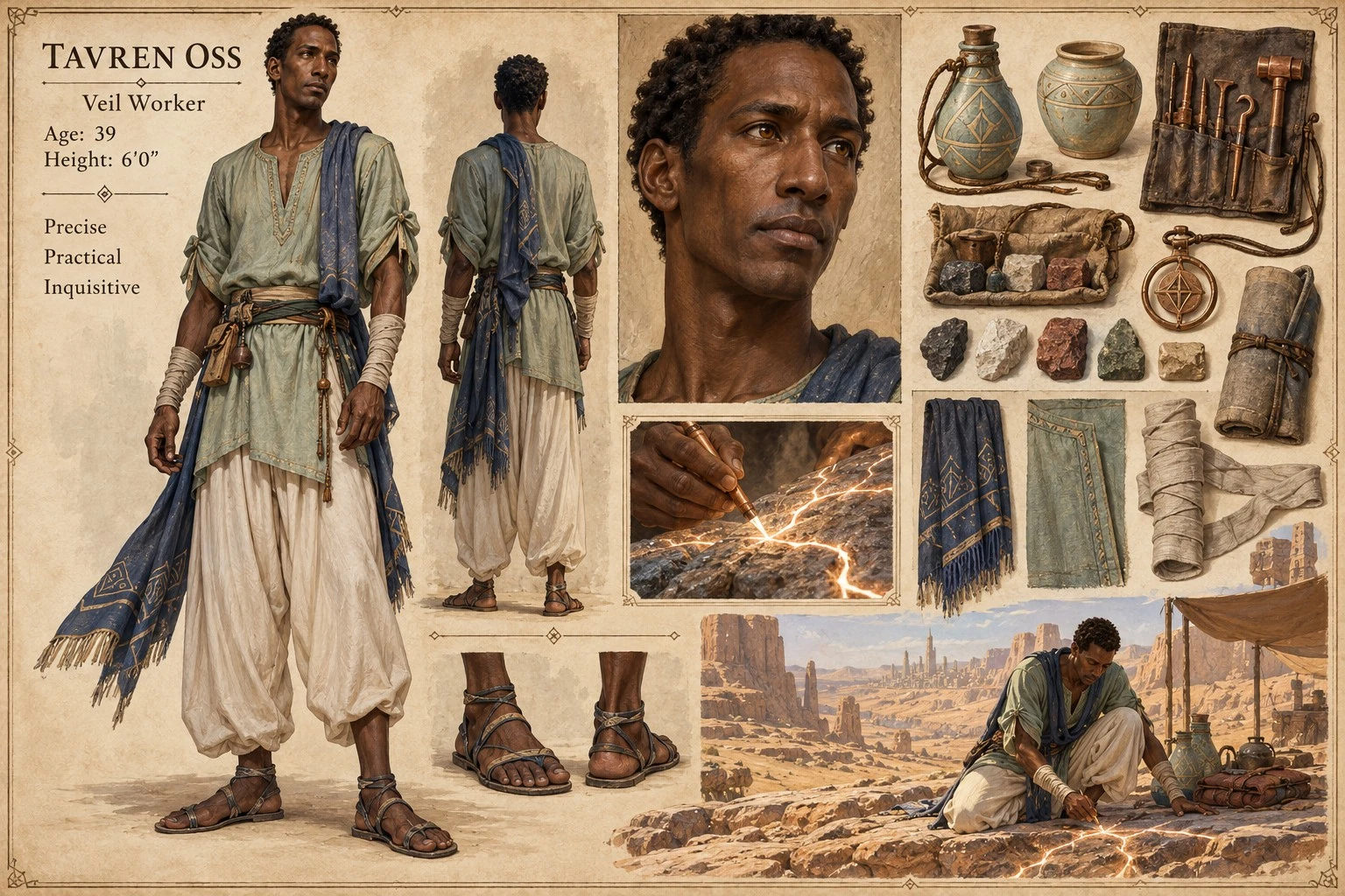 Character reference plate showing Tavren Oss with portrait studies, pale clothing, writing materials, books, and travel supplies.