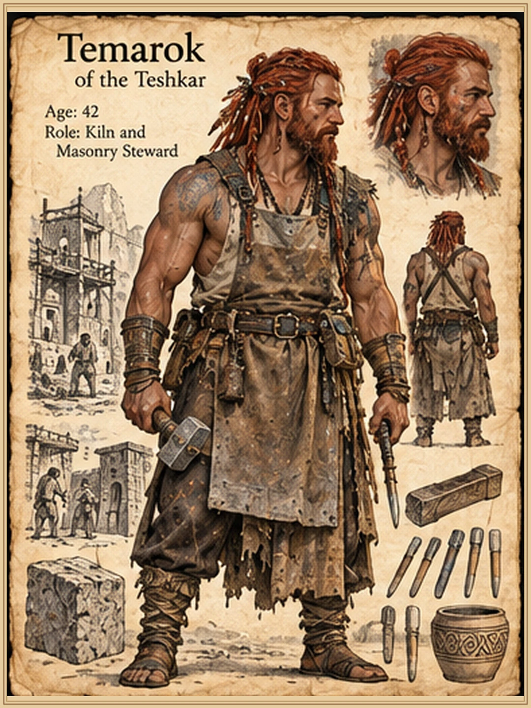 Character reference sheet showing Temarok of the Teshkar with red hair, portrait studies, clothing, personal tools and equipment, and architectural details.