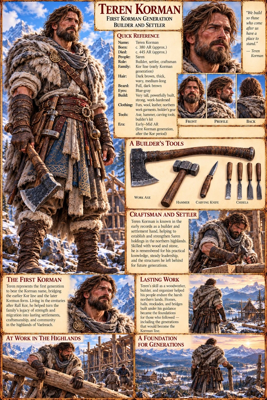 Character reference sheet with portraits, winter clothing, woodworking tools, and scenes of craft and family life.