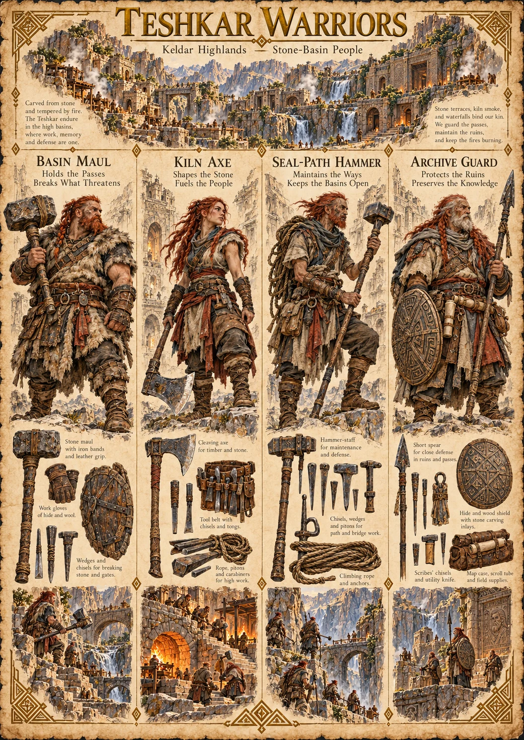 Warrior reference plate showing the Teshkar Basin Maul, Kiln Axe, Seal-Path Hammer, and Archive Guard with weapons, tools, and stone settlements.