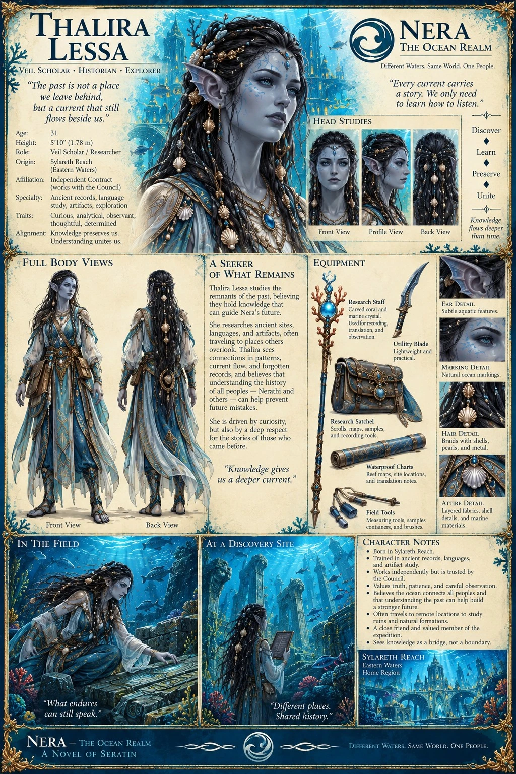 Character reference plate showing Thalira Lessa of Nera, with portraits, clothing, equipment, and underwater scenes.