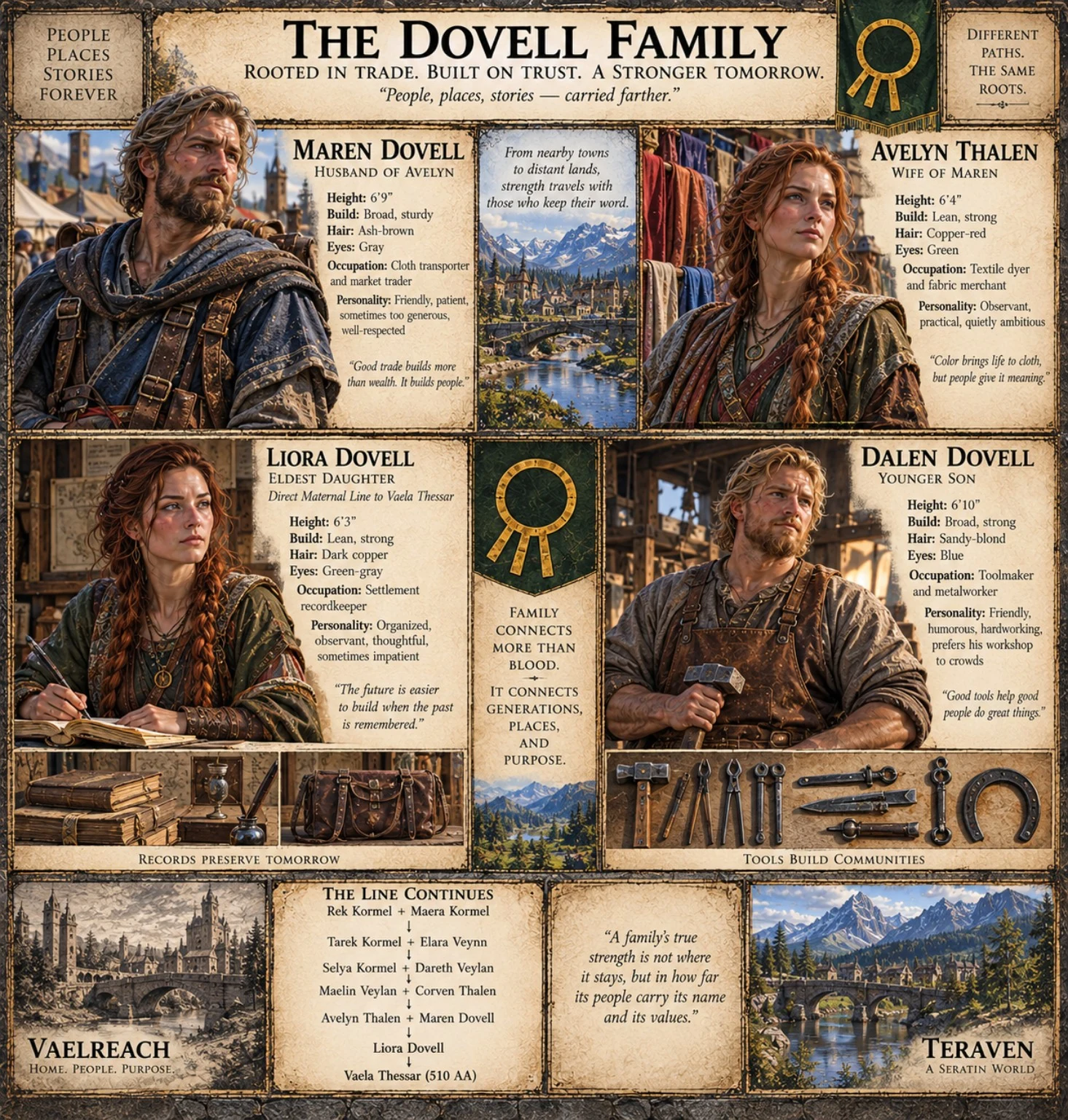 Family reference sheet with four portraits, personal histories, trade tools, family symbols, and a settlement scene.