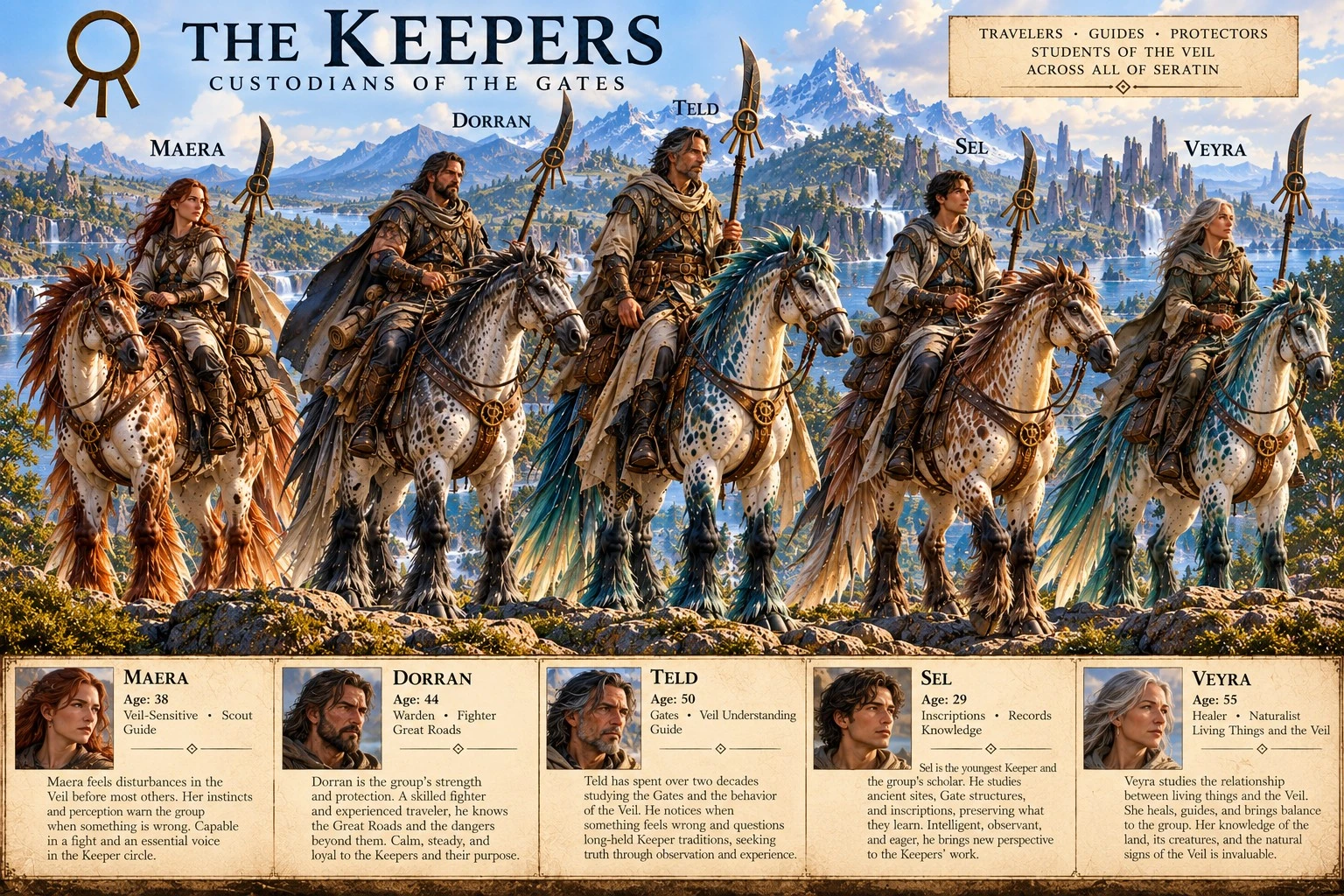 A group reference plate showing mounted Keepers with their staffs, horses, and individual portraits.