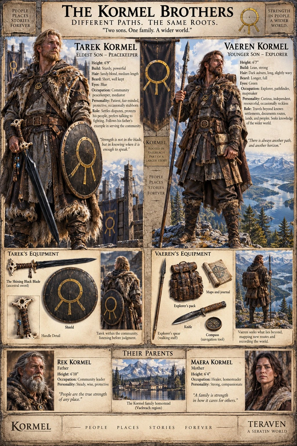 Character reference plate showing Tarek and Vaeren Kormel, their weapons and travel equipment, and family portraits.