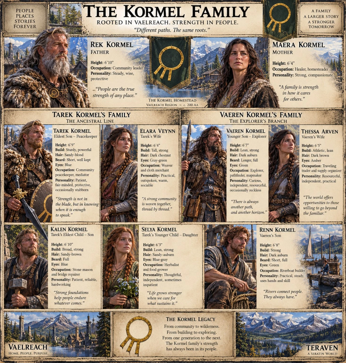 Family reference sheet with portraits of related households, family connections, the Kormel symbol, and a mountain settlement.