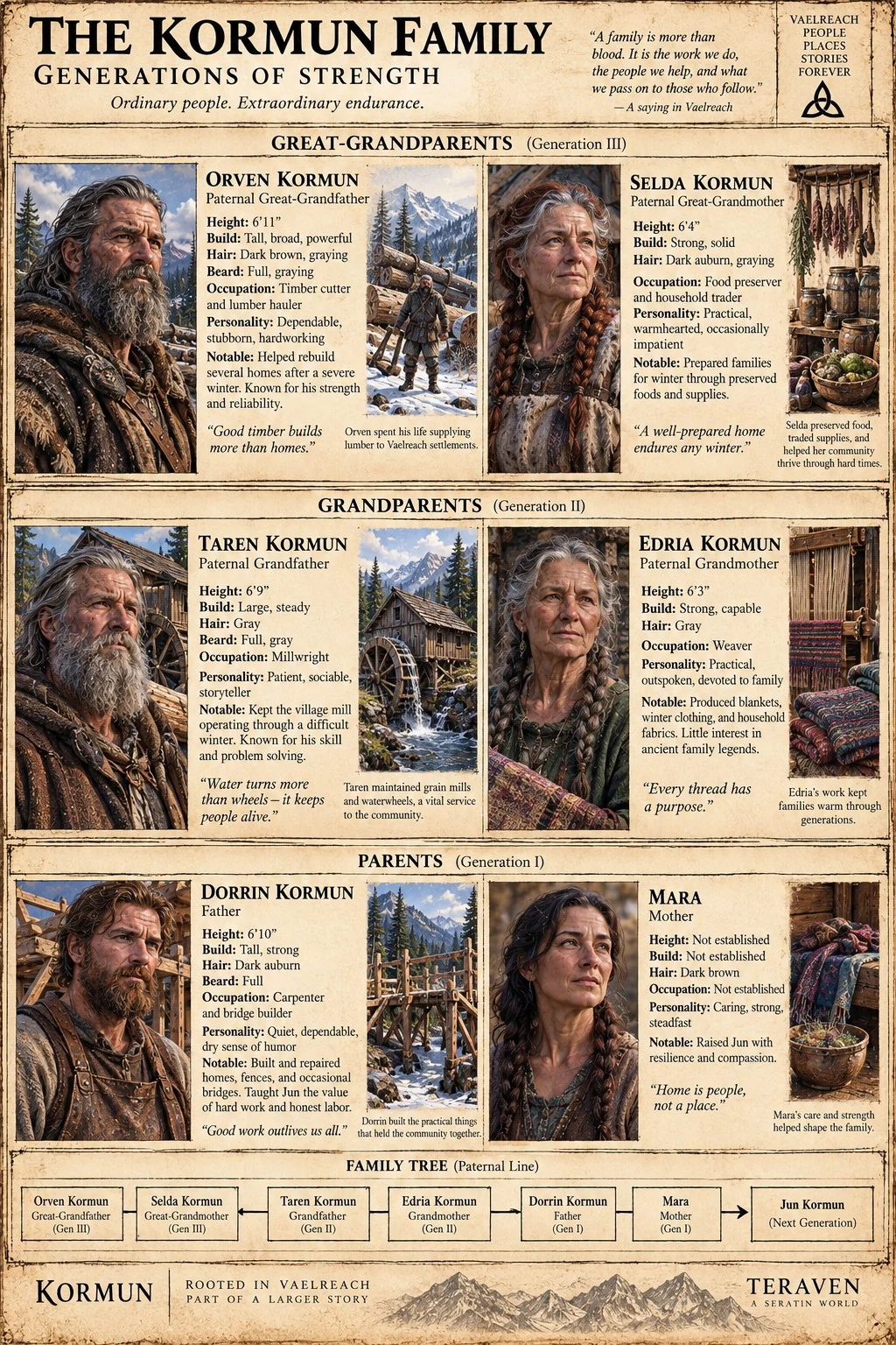 Family reference sheet showing three generations through portraits, personal histories, a family symbol, and a mountain landscape.