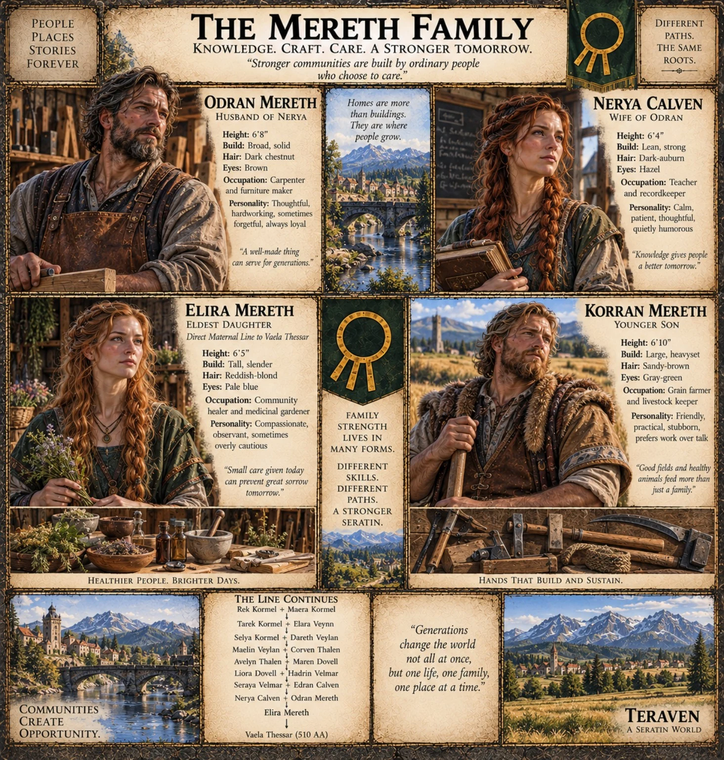 Family reference sheet with four portraits, personal histories, a family symbol, tools, and community scenes.