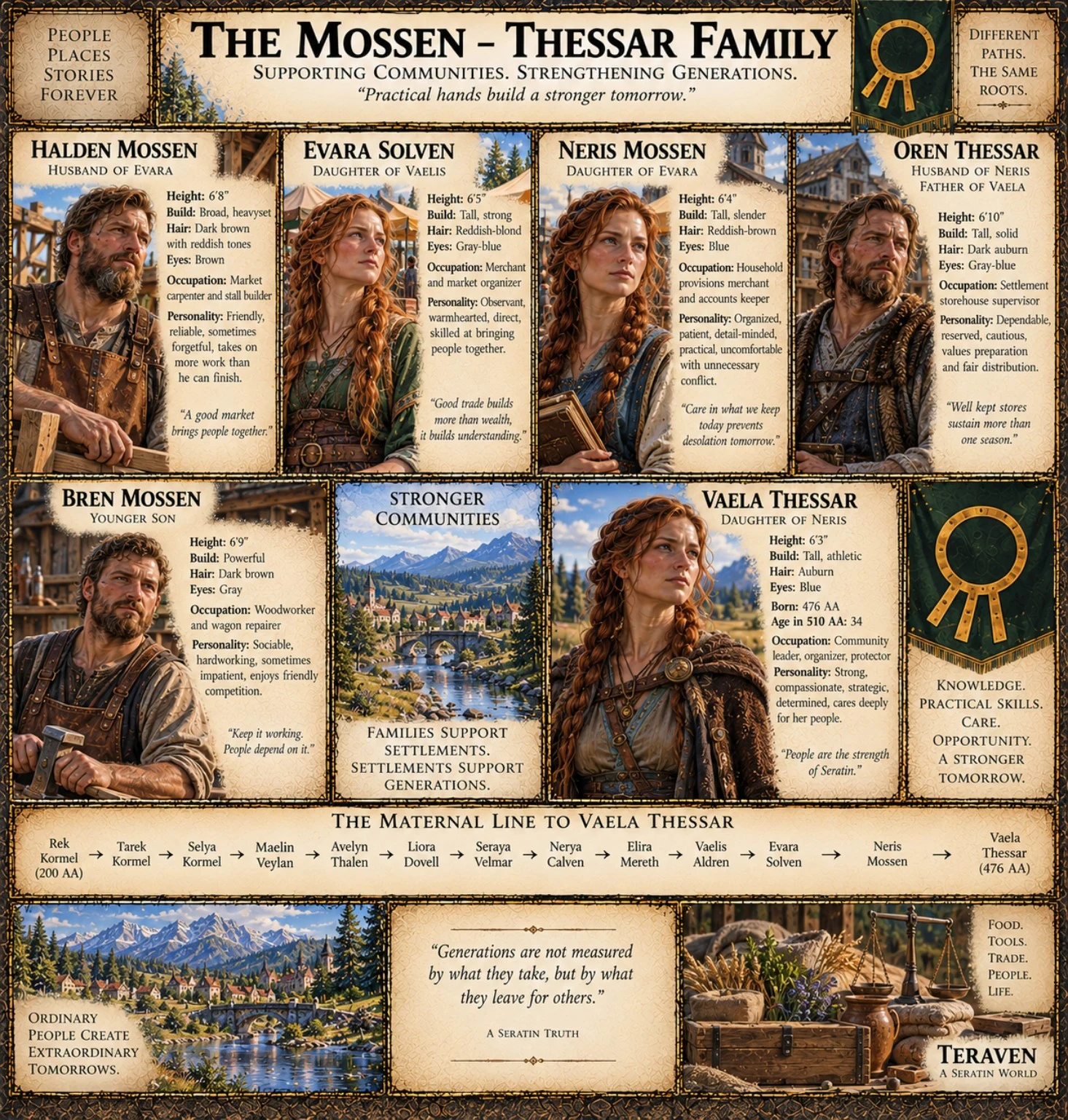 Family reference sheet with six portraits, family symbols, personal histories, and scenes of life in Teraven.