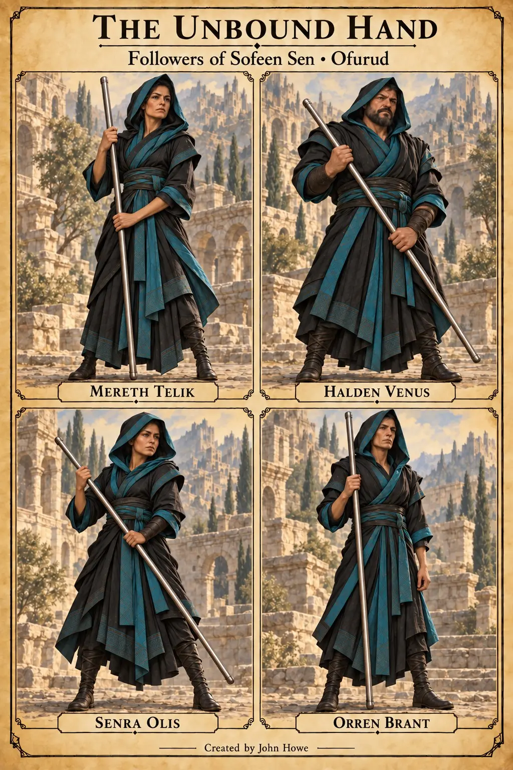 Group reference plate showing four followers of Sofeen Sen in hooded black and teal robes, carrying staffs.