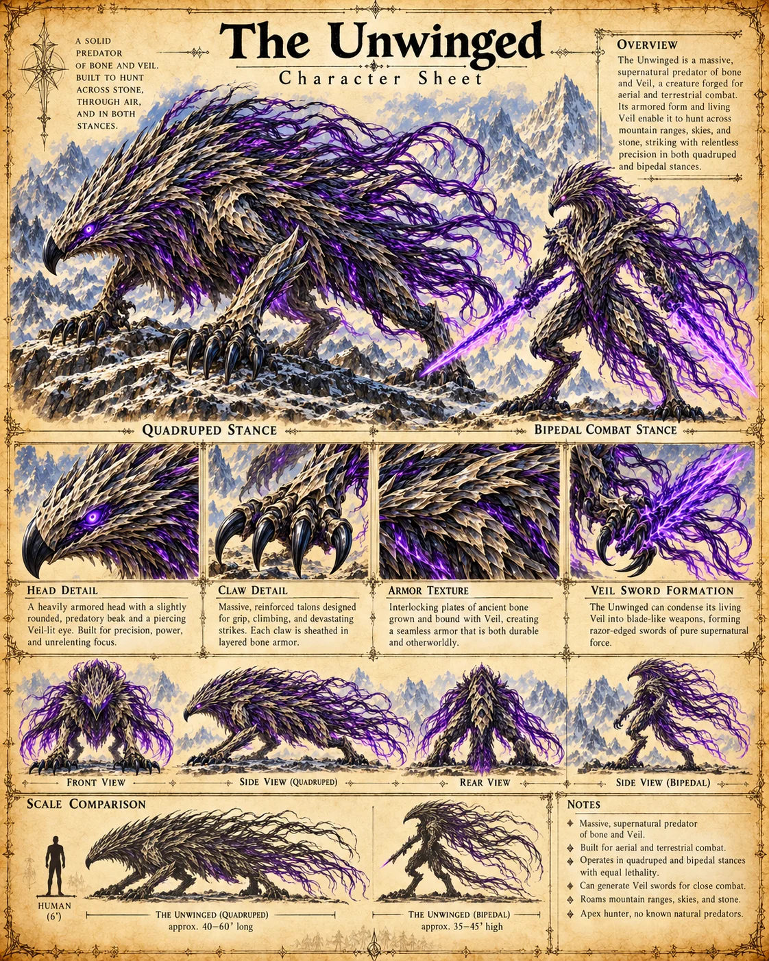 Character sheet of the Unwinged, a massive supernatural predator of bone and Veil forged for aerial and terrestrial combat, with an armored beaked head, glowing violet Veil-lit eye, hooked black talons and trailing violet Veil tendrils, shown in quadruped and bipedal combat stances on a snowy mountain ridge, with head, claw, armor texture and Veil sword details, front, side and rear views, and a scale comparison beside a six-foot human: about 40–60 feet long on all fours and 35–45 feet high standing.