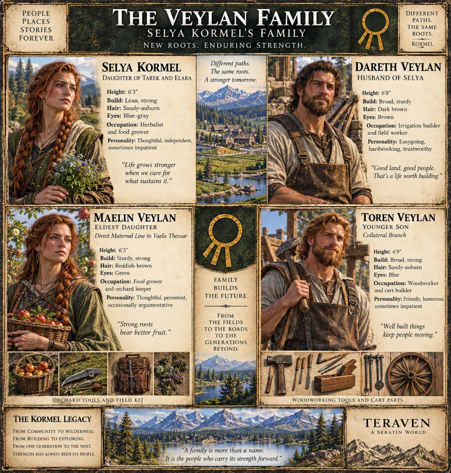 Family reference sheet with four portraits, personal histories, family symbols, produce, tools, and a mountain valley.