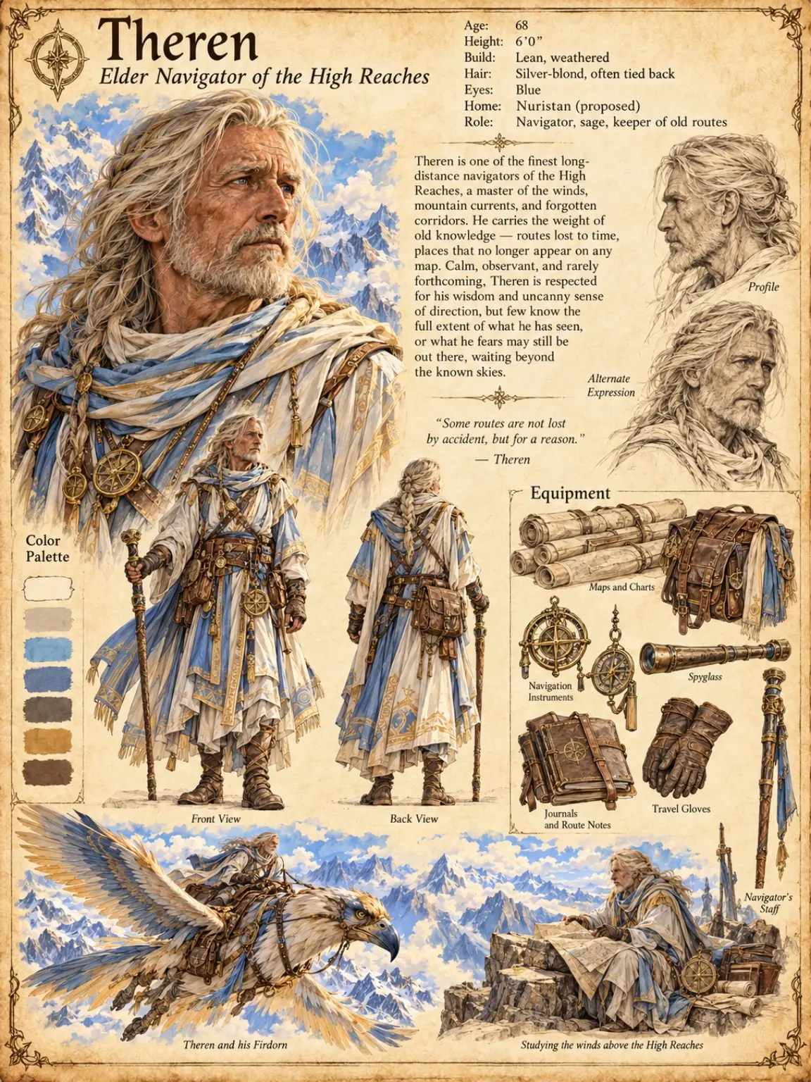 High Reaches character sheet of Theren, a 68-year-old elder navigator and keeper of old routes, with long silver-blond hair and beard, in weathered blue and white robes with a navigator's staff, shown in portrait, profile, front and back views, with maps, a spyglass, navigation instruments and journals, riding his Firdorn and studying the winds above the High Reaches.