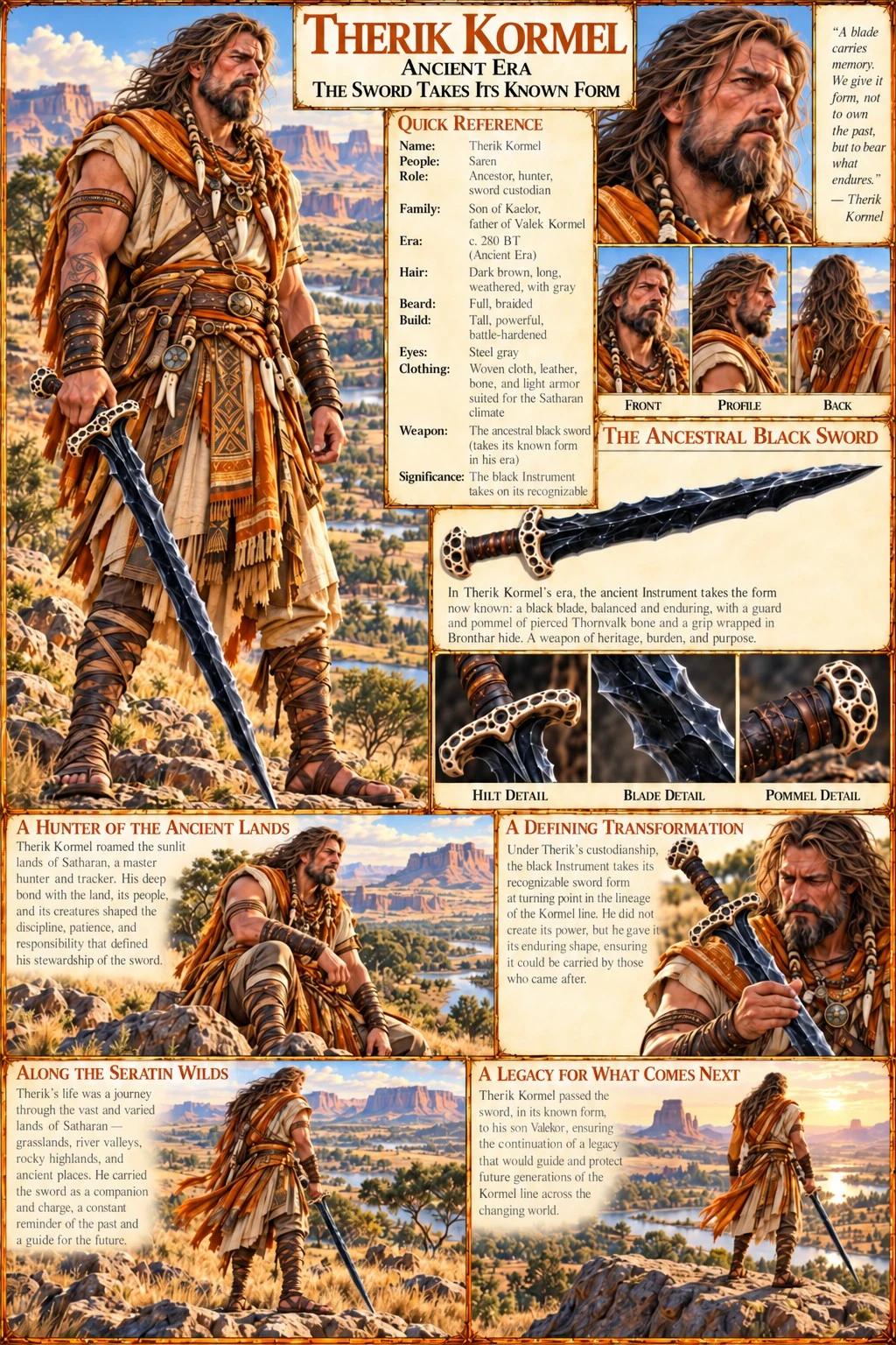 Character reference sheet showing Therik Kormel with portraits, layered travel clothing, the ancestral black sword, and scenes of craft and travel.